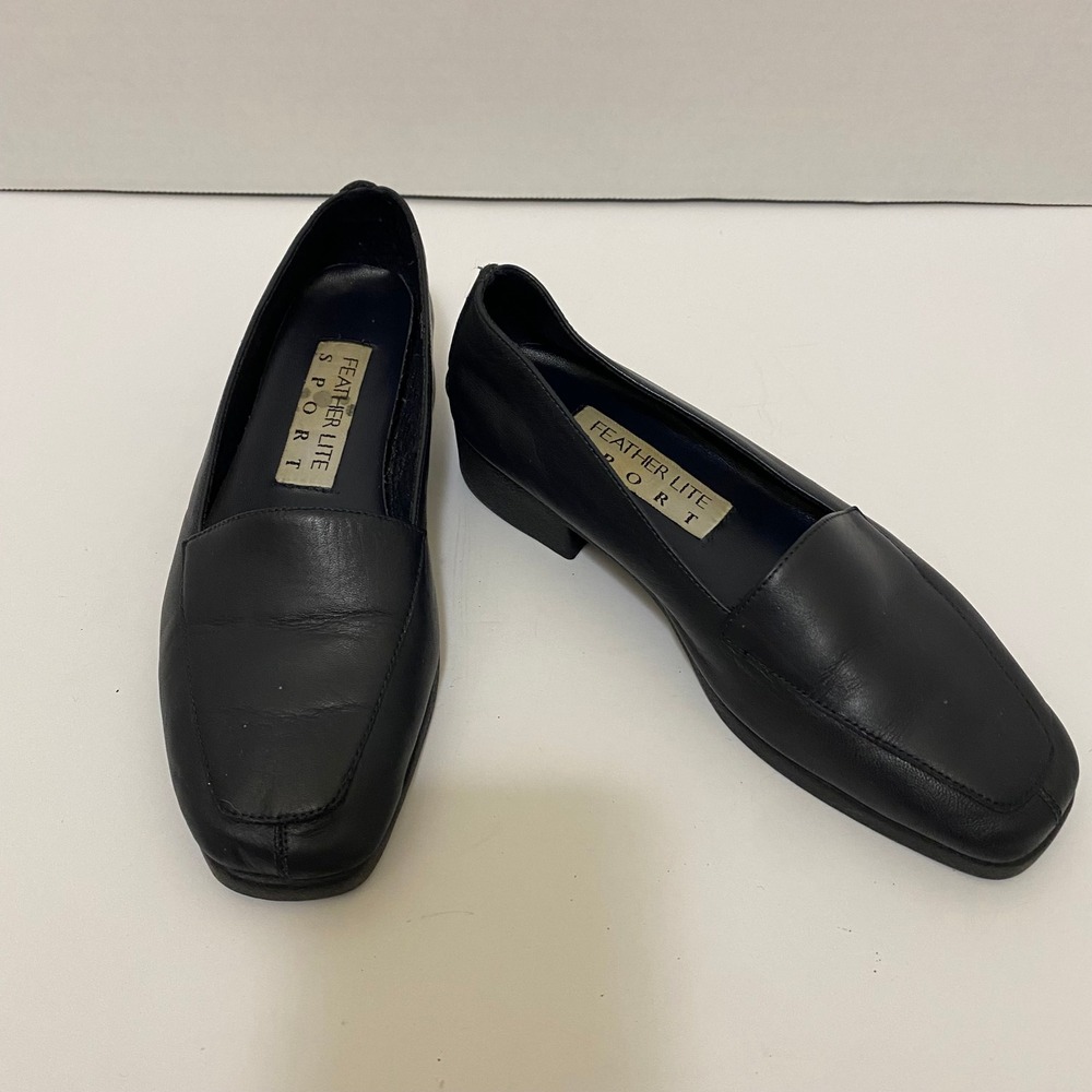 Feather Lite Sport 90s Loafers Women 5 Black  Leather Square Toe Block HeelF - Picture 2 of 6